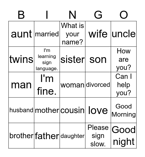 Sign Language Bingo Card