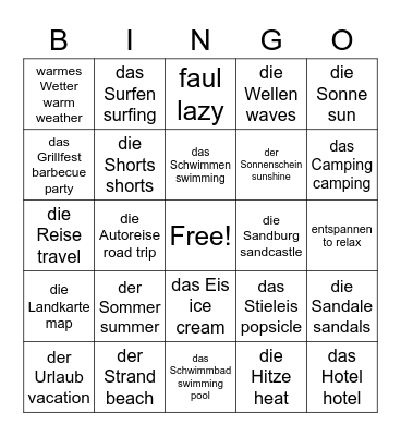 Sommer Wortschatz Bingo Card