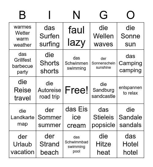 Sommer Wortschatz Bingo Card