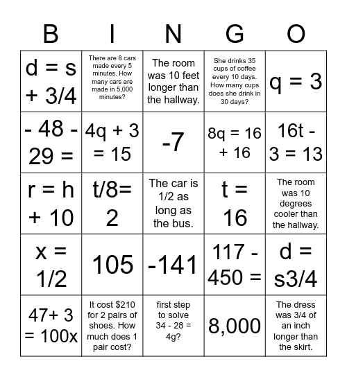 Matching Game Quiz  # 6 Review Bingo Card