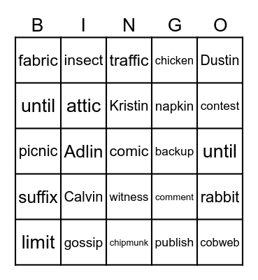 VCCV Bingo Card