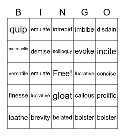 Vocabulary Bingo Card