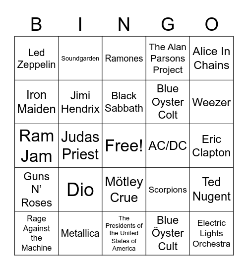 Rock / Metal Bingo Card