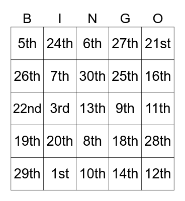 Days of the month Bingo Card