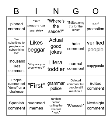 Youtube comment and reply section bingo Card