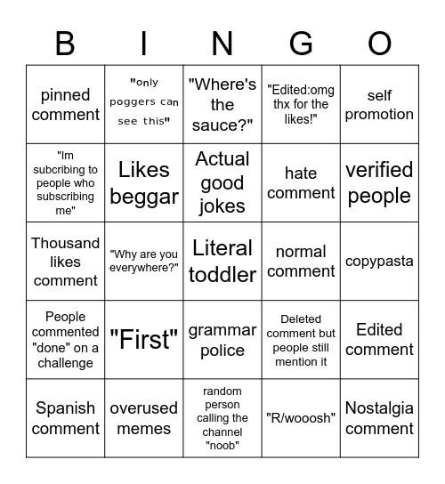 Youtube comment and reply section bingo Card