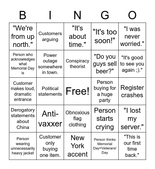 Goodbye 'rona Holiday Weekend Bingo Card