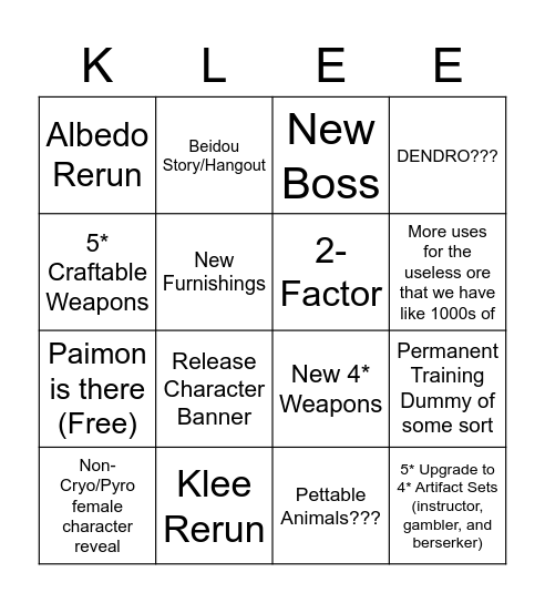 Genshin Klee Update Bingo Card