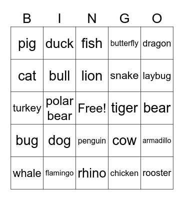 Animals Bingo Card