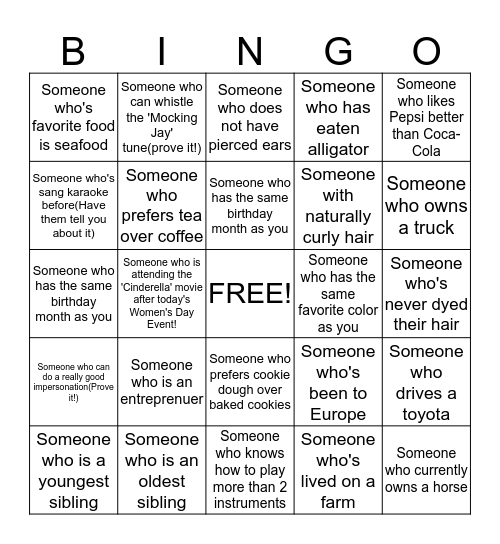 Directions: Your goal is to fill up every, or as many spaces as you can, with names of people at this event. Do not use someone's name more than once! Later, once everyone is seated, a speaker will call out random names out loud until someone gets BING Bingo Card