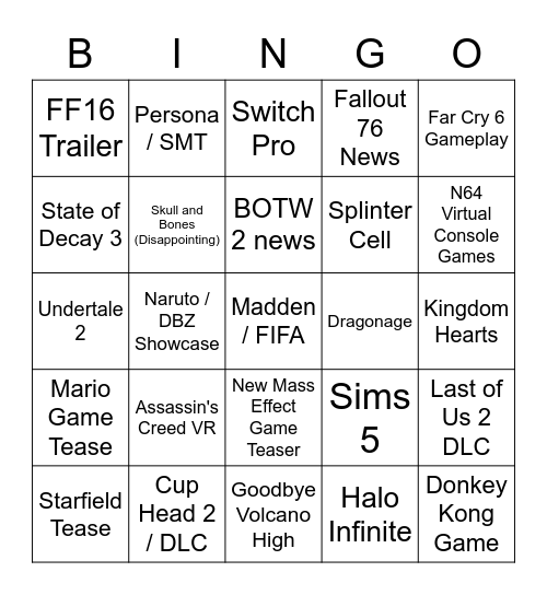 E3 2021 Bingo Card