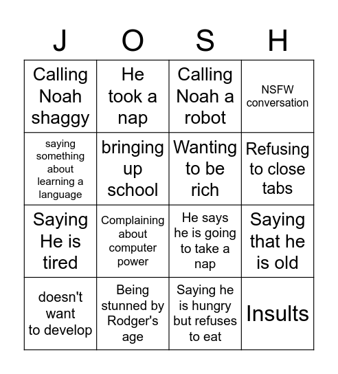Josh Bingo Card