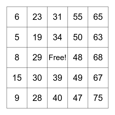 Number 1-75 Bingo Card