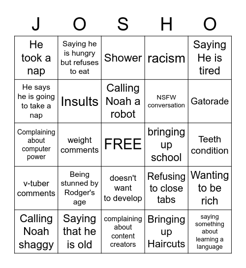 Josh Bingo Card