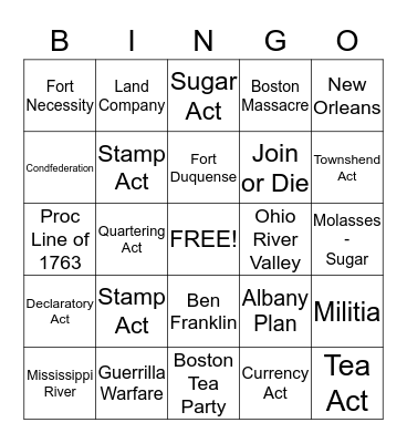 French - Indian War to Pre-Rev War Bingo Card