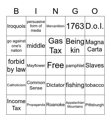 French - Indian War to Pre-Rev War Bingo Card
