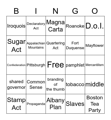 French - Indian War to Pre-Rev War Bingo Card