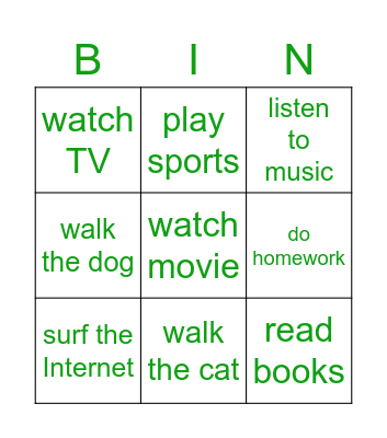 Activities Bingo Card