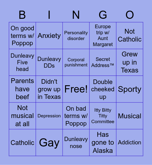 Dunleavy Cousins Bingo Card