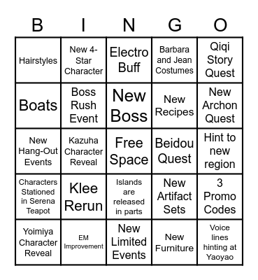 Genshin 1.6 Livestream Bingo Card