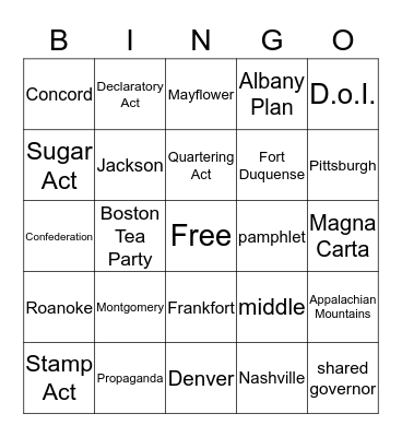 French - Indian War to Pre-Rev War Bingo Card