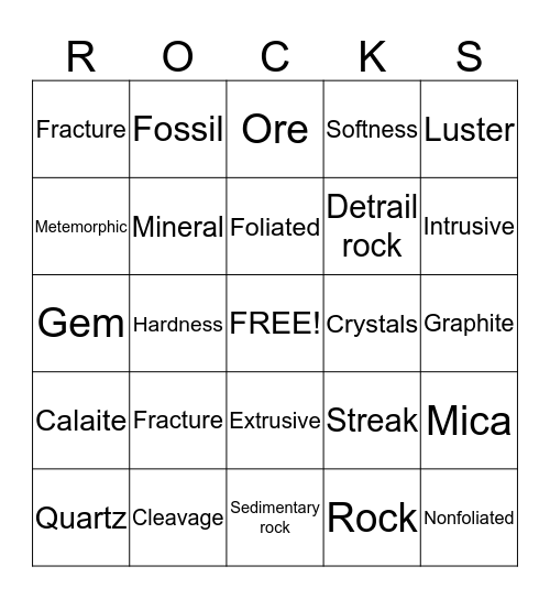 Rocks and Minerals Bingo Card