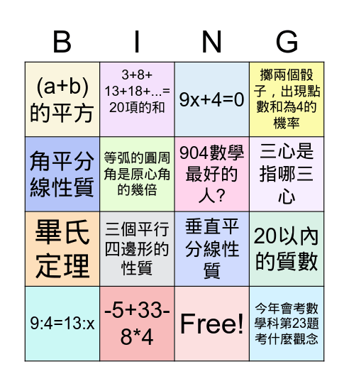 904線上數學課 May 28, 2021 Bingo Card