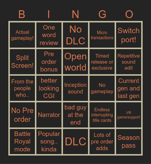 Game trailer Bingo Card