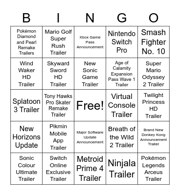 E3 Nintendo Direct Bingo Competition Bingo Card