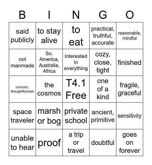 THINKO: T4.1 Units 1-4 Bingo Card