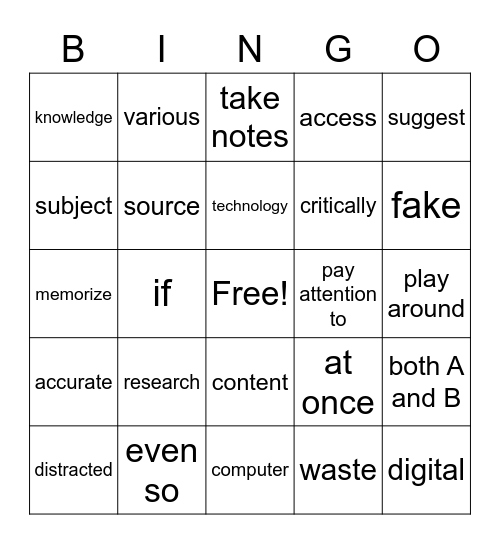 Unit 06 - Using Computers to Study Bingo Card