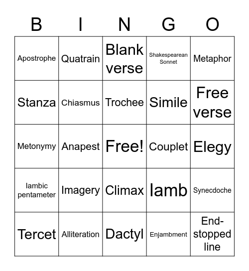 Poetic Bingo Card