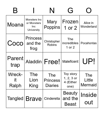 Disney and  Pixar Movie-Bingo Card