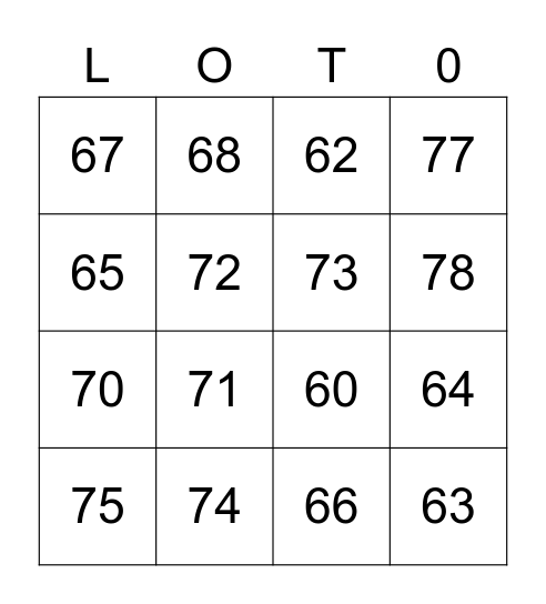 Les Chiffres 60 - 79 Bingo Card