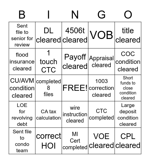 UWII Bingo Card
