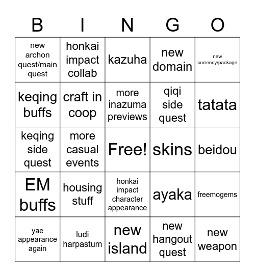 GI 1.6 Livestream Bingo Card