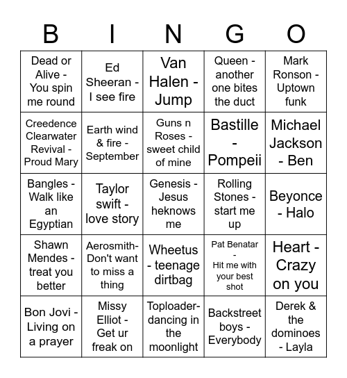 Music Round Bingo Card