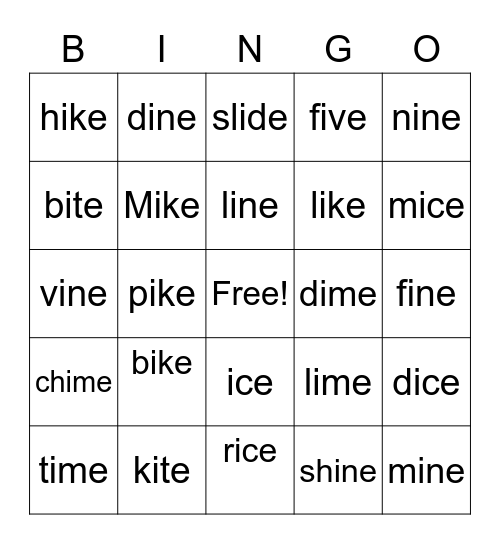 Long I Bingo Card