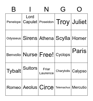 odyessy and romeo and Juliet Bingo Card