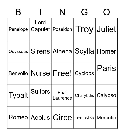 odyessy and romeo and Juliet Bingo Card