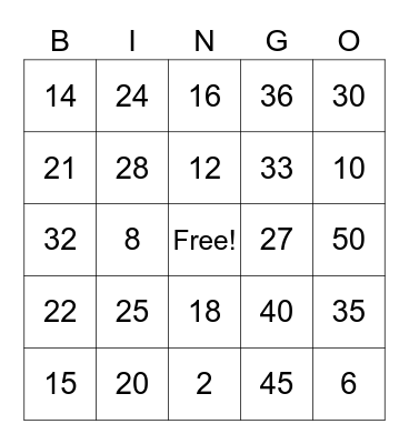 Multiplication Bingo Card