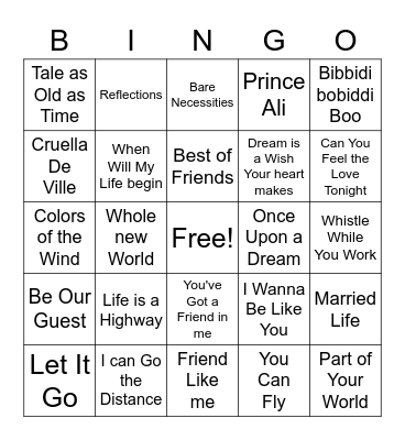 Disney Music Bingo Card