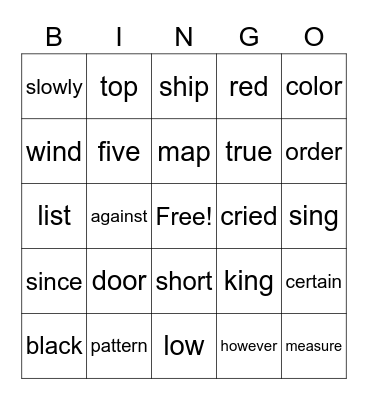 4th 100 Sight Words Bingo Card