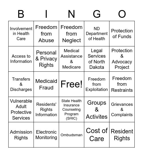 ND Resident Rights Bingo Card