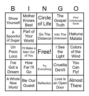 Disney Musical Bingo Card