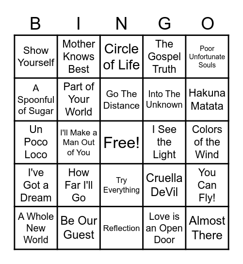 Disney Musical Bingo Card