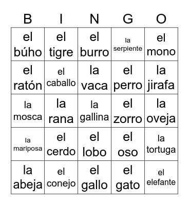 Animales Bingo Card