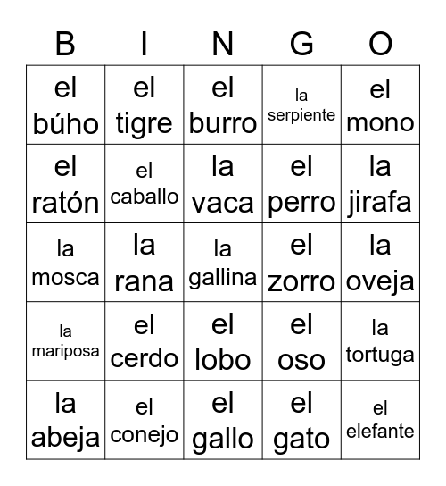 Animales Bingo Card