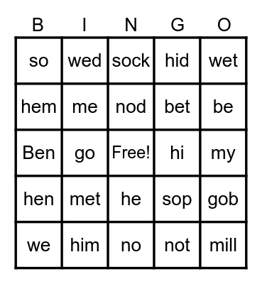 Open/Closed Syllable Bingo Card