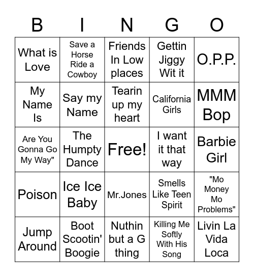 90s music Bingo Card